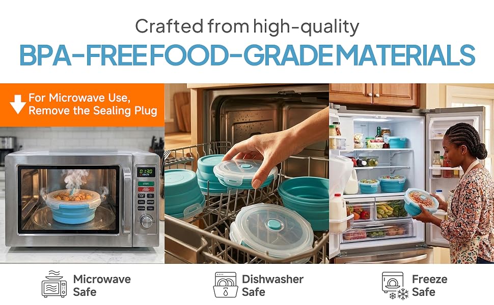Blue silicone food bowls safe for microwave, dishwasher and freezer.