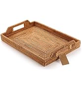 Hand-Woven Rattan Rectangular Serving Tray with Handles for Breakfast, Drinks, Snack for Coffee T...