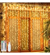 Ollny Curtain Lights 200LED 6.6x6.6ft, USB Christmas Curtain Lights Warm White with Remote 8 Mode...