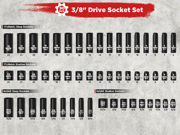 3/8 impact socket set 90 PCS size