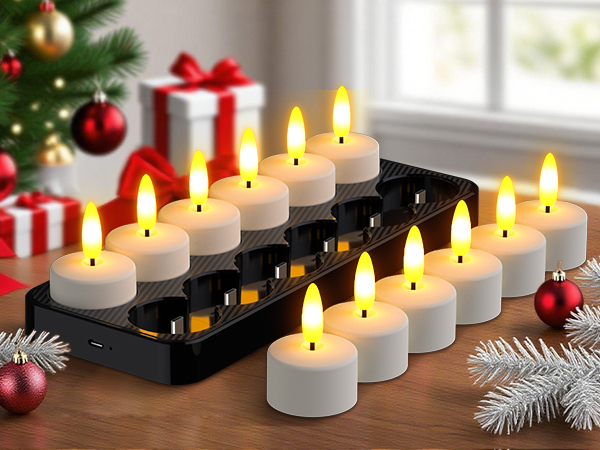 Series of LED flameless candles arranged in a row with Christmas decorations, pine branches, and red ornaments as holiday decor.