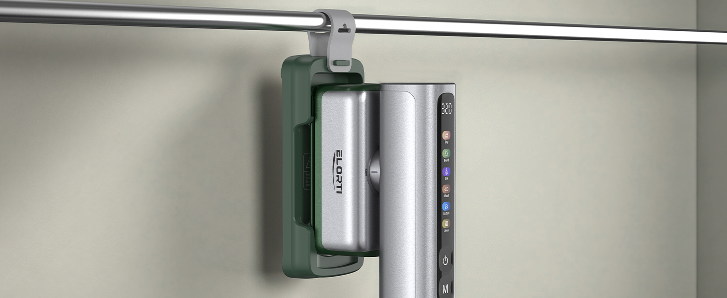 small steamer iron with hanging base clip, hangs on closet rod,saves space for apartments, cabins