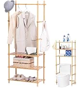 GOGOGO Bamboo Clothes Rack - Tool-Free,12 Hooks, 150lb Heavy Duty, 3-Tier Shelves, Convertible to...