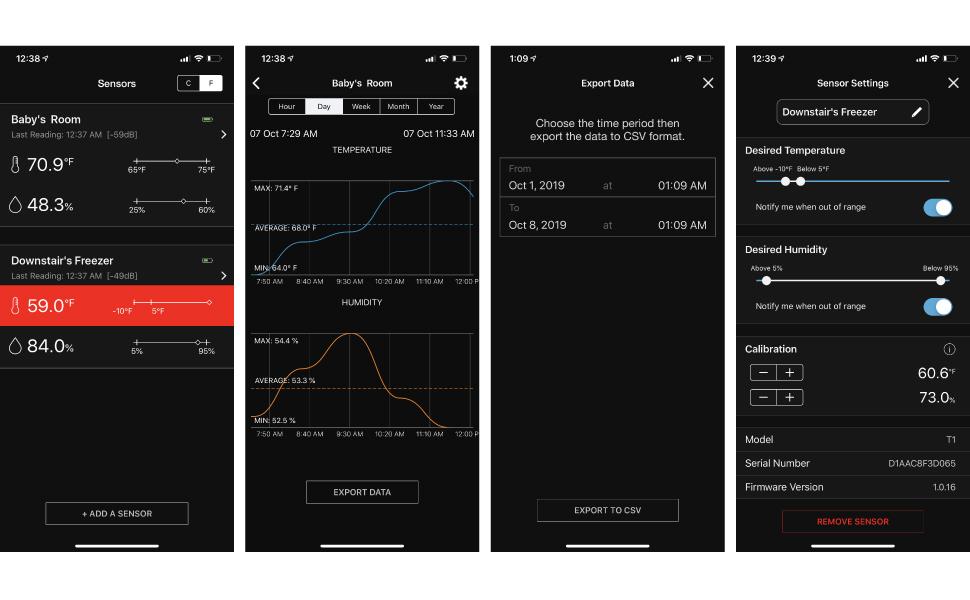app ios android dashboard chart report export data settings alerts calibrate calibration history