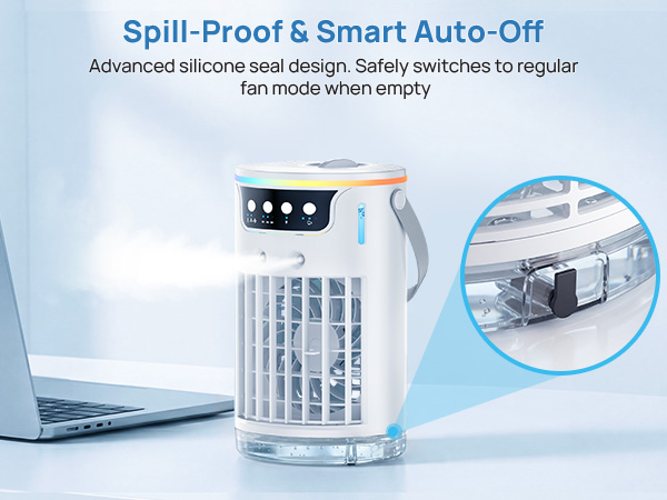 Spill-proof tabletop ac unit with silicone seal and smart auto-off when empty
