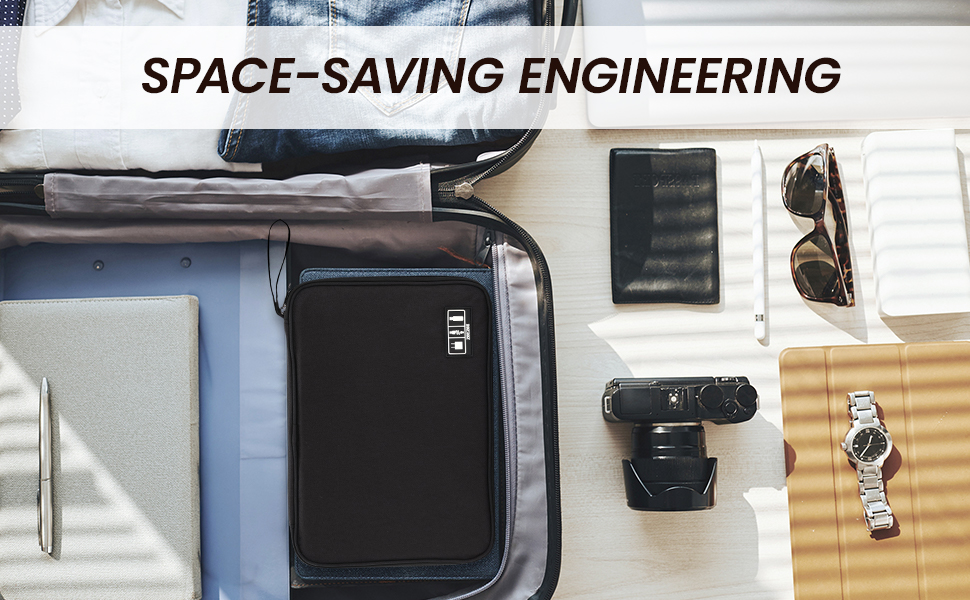 Slim iPad Pro travel bag packed flat inside a suitcase for space-saving luggage efficiency.