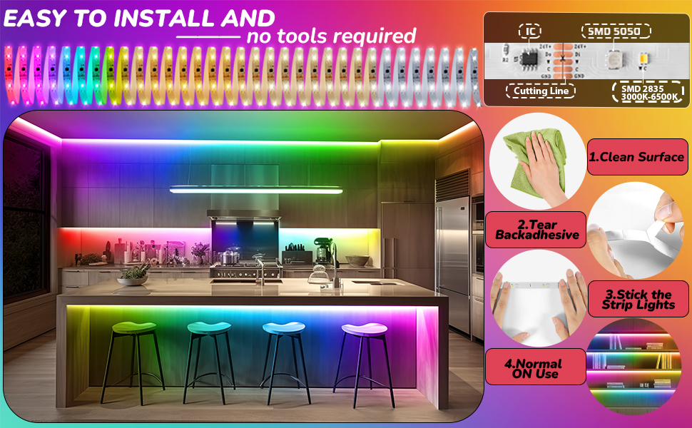 Flexible Self-adhesive Color Changing RGBWW+IC LED Strip Lights