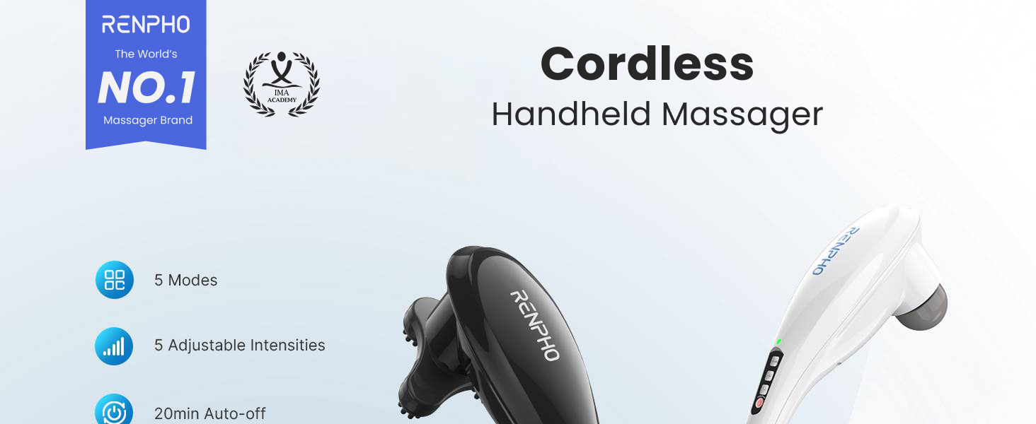 RENPHO cordless handheld massager in white and black for neck and shoulder comfort