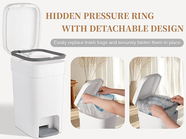 wastebasket Hidden detachable pressure ring: easy bag swap, secure hold