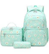YJMKOI 3Pcs Daisy Prints Backpack for Girls Middle-School Elementary Students Bookbag Set with Lu...