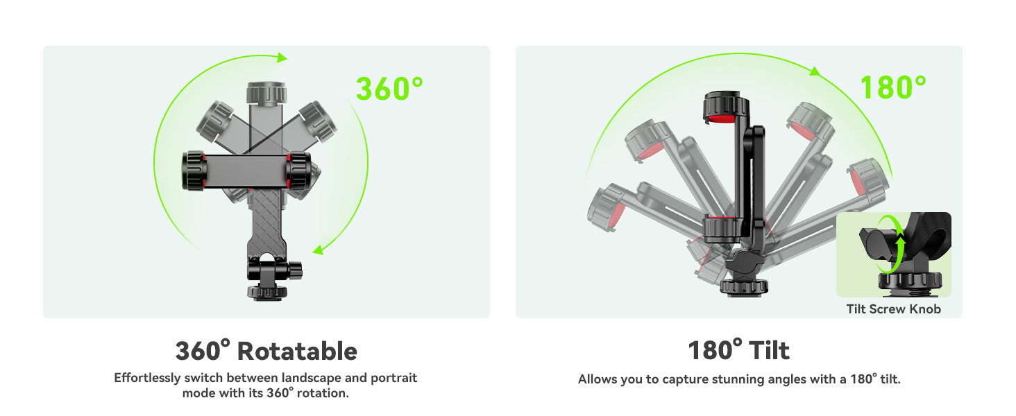 Camera mount with 360-degree rotation and 180-degree tilt capabilities. Features multiple adjustable arms for versatile positioning and a tilt screw knob for precise angle control.