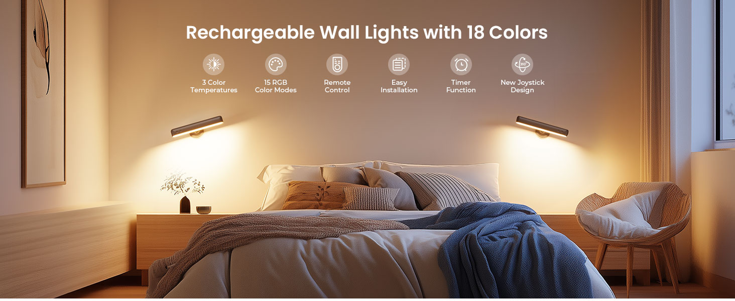Cordless rechargeable wall sconces for bedroom reading with remote and no drill mount icons.
