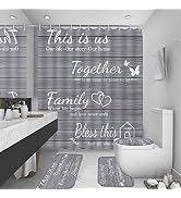 juwute 4Pcs Family Shower Curtain Sets with Non-Slip Rugs, Toilet Lid Cover and Bath Mat, Grey Ho...