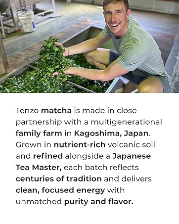 Man with tea leaves at farm; text highlights Tenzo’s Japanese sourcing and quality.