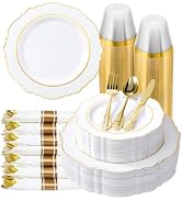 realluck 350 Piece White Gold Plastic Dinnerware Set for 50 Guests Elegant Baroque Disposable Din...
