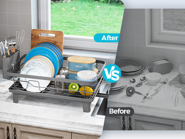 Text reads "After", "VS", "Before". Split-screen kitchen sink comparison: before shows cluttered dish rack and items; after shows organized expandable dish rack with blue top on countertop with window background.