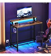 YATINEY Small Computer Desk with Charging Station and LED Lights, Gaming Desk with Monitor Stand,...