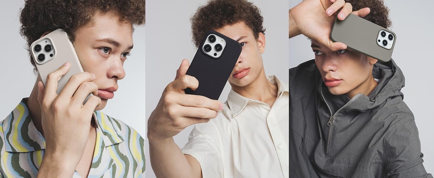 Smartphone cases demonstrated in use. Three images show a person holding phones with different case colors: light gray, black, and dark gray.