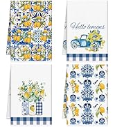 VISSTREE Lemon Kitchen Towels Set of 4, Blue and White Capri Tiles Lemon Kitchen Dish Towel Decor...
