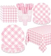 WNINK 176 PCS Light Pink Gingham Plates and Napkins, Pink Checkered Disposable Plates Set with Na...