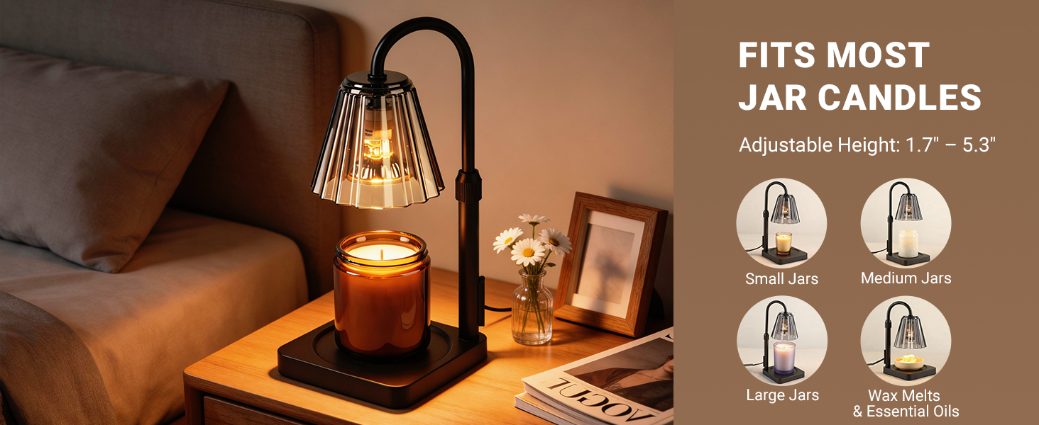 Fubink black candle warmer lamp with timer dimmer, adjustable height 1.7“-5.3” for most candle jar