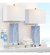 Touch Control Table Lamps with White Fabric Shade Set of 2, 3-Way Dimmable Modern Ceramic Blue Ni...