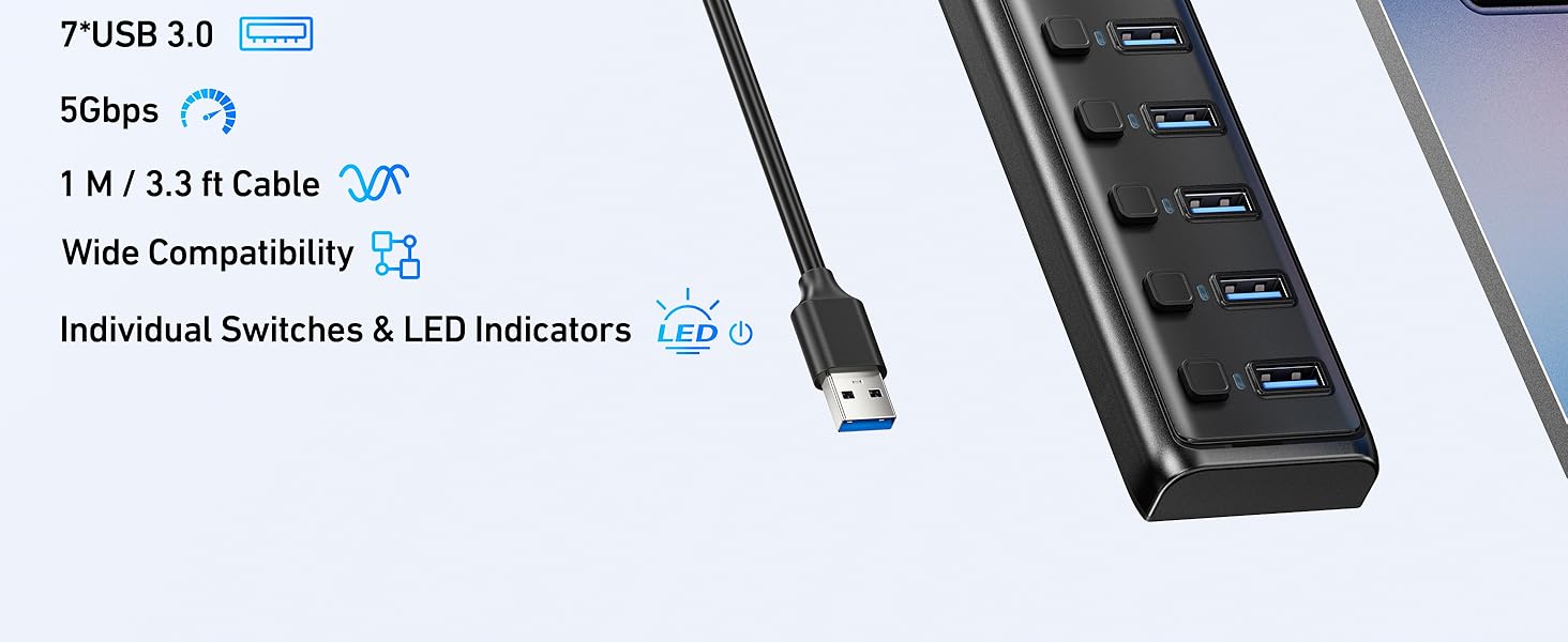BENFEI USB 3.0 Hub 7-Port, Ultra-Slim Portable USB Splitter with 3.3ft Cable