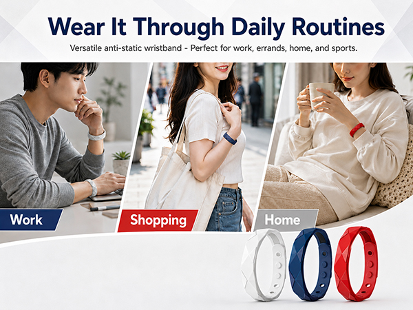 Anti-static wristbands worn during work, shopping, home routines in red, navy, white