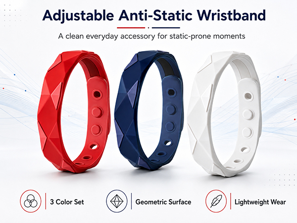 Adjustable anti-static wristband set in red, navy, white with geometric design