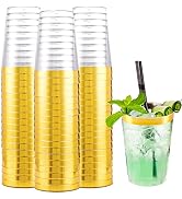 I00000 200 Pack Gold Plastic Cups, 10 oz Clear Plastic Cups Gold Rimmed Disposable Wine Glasses F...