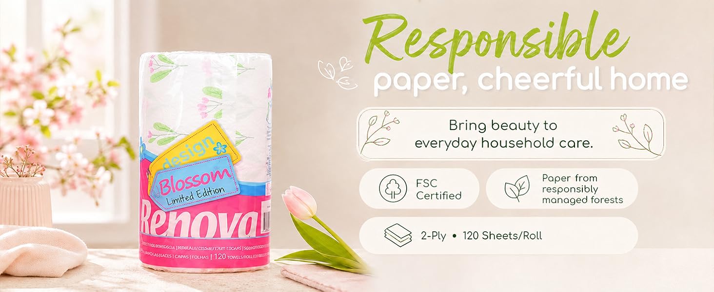 Renova Blossom paper towel roll beside FSC certified and responsibly sourced forest icons