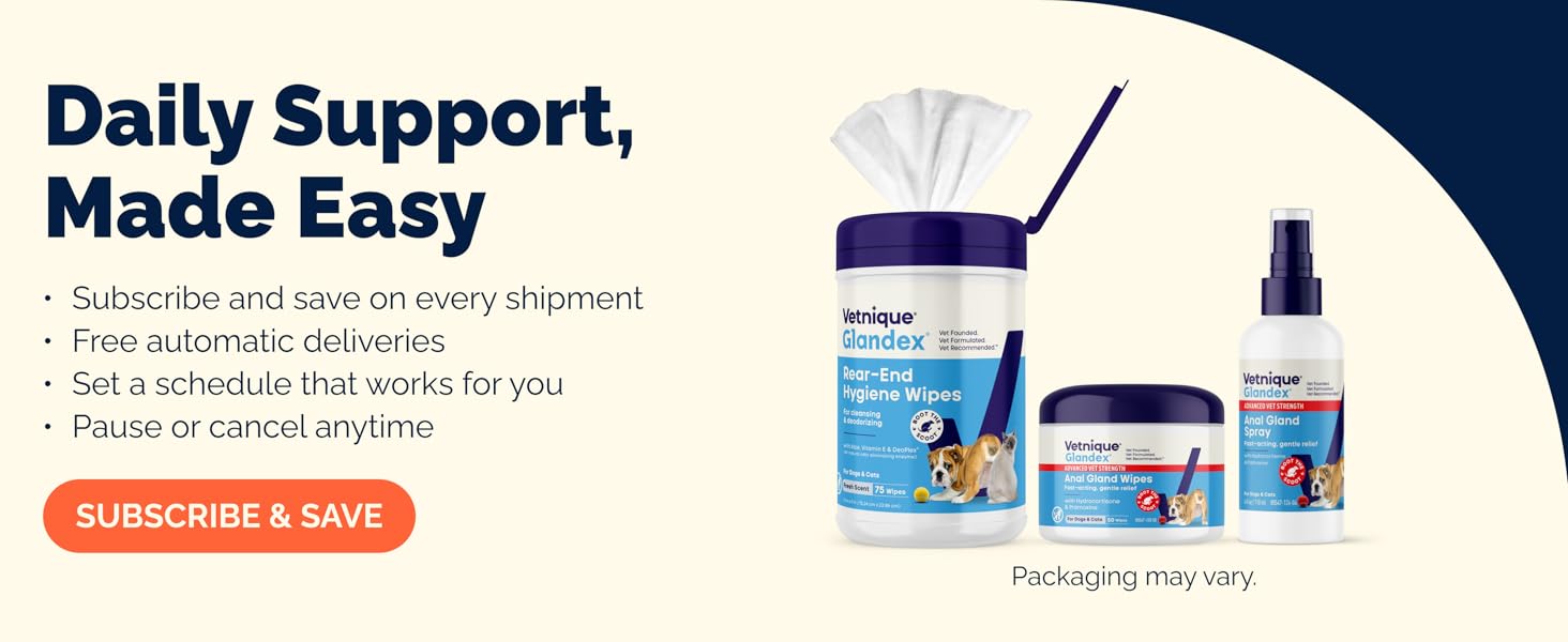 Subscribe to Glandex hygiene wipes and medicated spray for pet rear-end care, cancel anytime