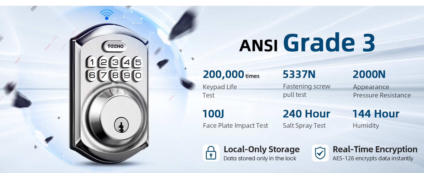 Certified to ANSI Grade 3, the lock meets safety performance standards for reliable home security