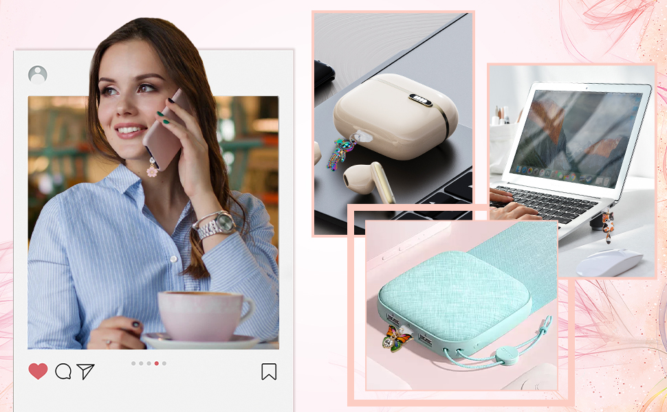 Product lifestyle collage showing wireless earbuds case, tablet device, and accessories in pastel pink and mint color scheme.