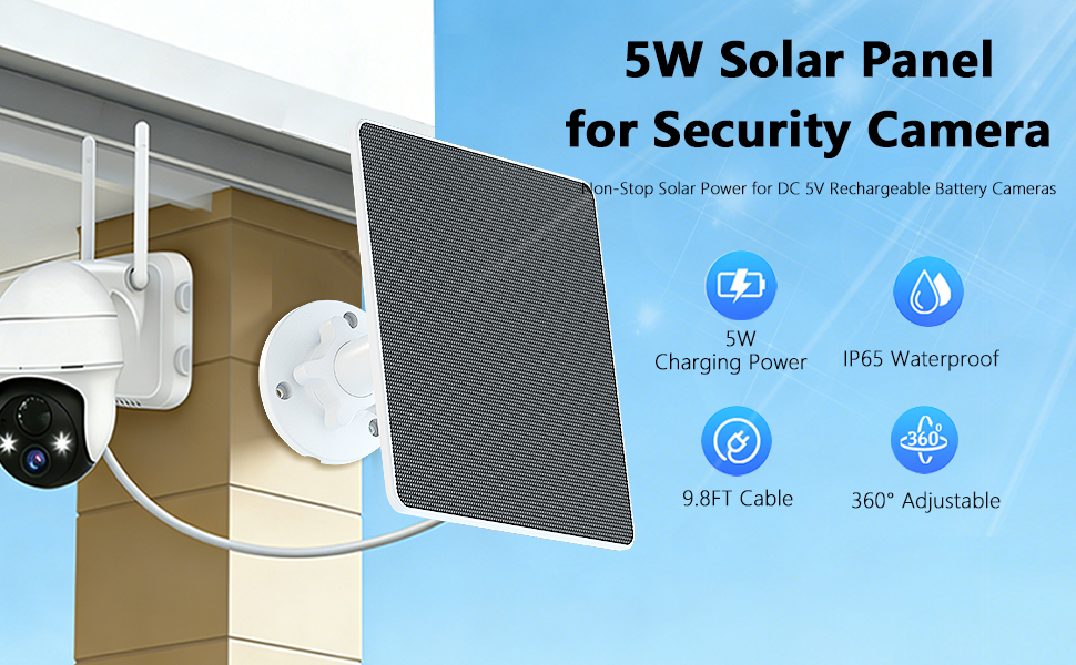 5W solar panel for security camera with 360° adjustable bracket and 9.8FT cable for DC 5V cameras