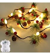 Christmas Garland with Lights,7FT Pinecones Christmas String Lights with Red Berries,Needles,20Le...