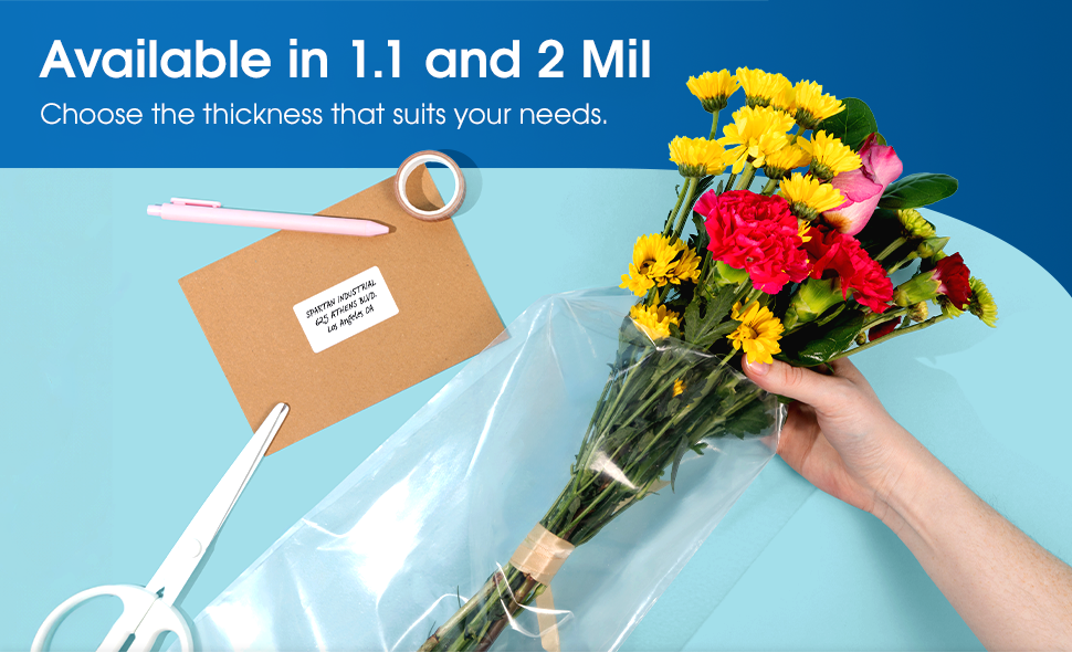 A bouquet of flowers coming out of a clear plastic gift bag, available in 1.1 and 2 mil thicknesses