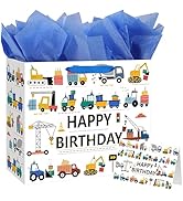 Yusenguan 13‘’ Construction Birthday Gift Bag for Baby Boys Kids with Tissue Paper and Greeting C...