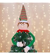 Juegoal Christmas Elf Tree Topper, Large Plush Elves Treetop Hugger with Red Green Stripes Top Ha...