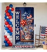 4th of July Welcome Door Cover Banner, 35.4 x 70.8 Inch Patriotic Front Door Banner with Star Bal...