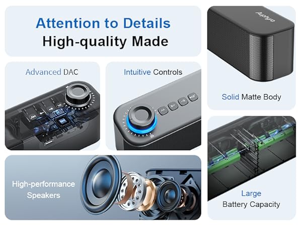 Text reads 'Attention to Details' and 'High quality made'. Product showcase featuring speakers or audio equipment components with technical specifications.