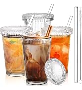Noamus 4 Pack Glass Cups with Lids and Straws, 12 oz Ribbed Iced Coffee Tumbler, Clear Stripe Dri...