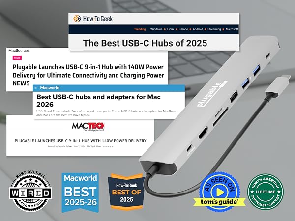 Plugable macbook usb hub with awards and visible USB HDMI card and Ethernet ports