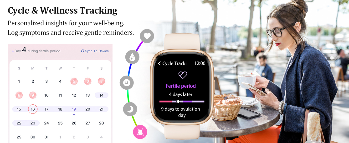 Text reads 'Cycle & Wellness Tracking'. Multiple screenshots showing fitness tracking interface with calendar views, activity metrics, and wellness monitoring displays on mobile devices and smartwatches.