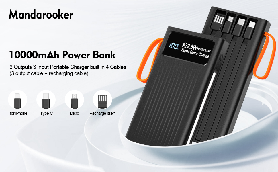 Portable Charger 10000mAh Power Bank Built-in Cable,PD 22.5W Fast Charging Powerbank