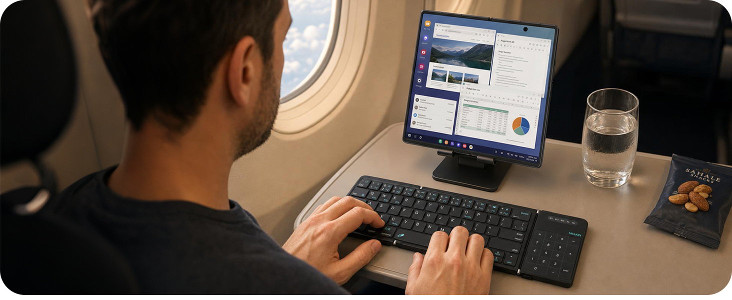 Foldable keyboard with any phone on a flight — Samsung DeX on Galaxy Z Fold as your mobile office