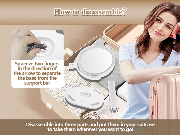 Text reads 'How to disassemble?' and 'Separate from fixtures in the direction of the arrow to separate the support.' Instructional image showing disassembly of white circular components with support bar.