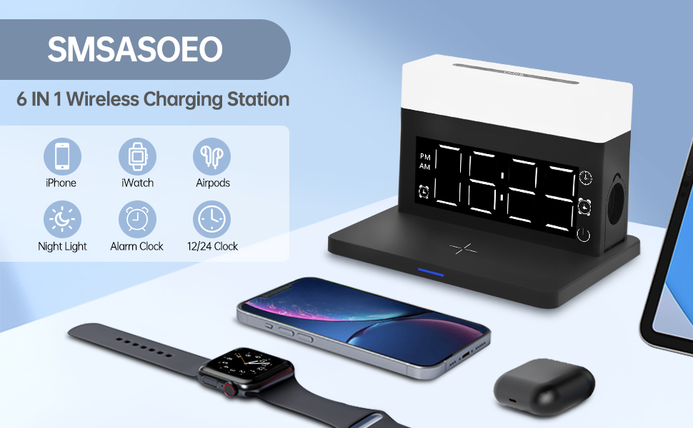 Wireless Charging Station 65W USB C Charger,Alarm Clock Magnetic Night Light Fast Charging Stand