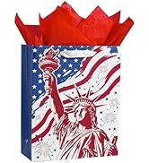 LeZakaa 13" Patriotic Gift Bag with Tissue Paper, Statue of Liberty American Flag Design, Red Whi...