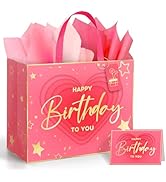 Aobkiat 13” Large Pink Birthday Gift Bag with 3 Color Tissue Paper,Hang Tag,Inner Pocket & Greeti...